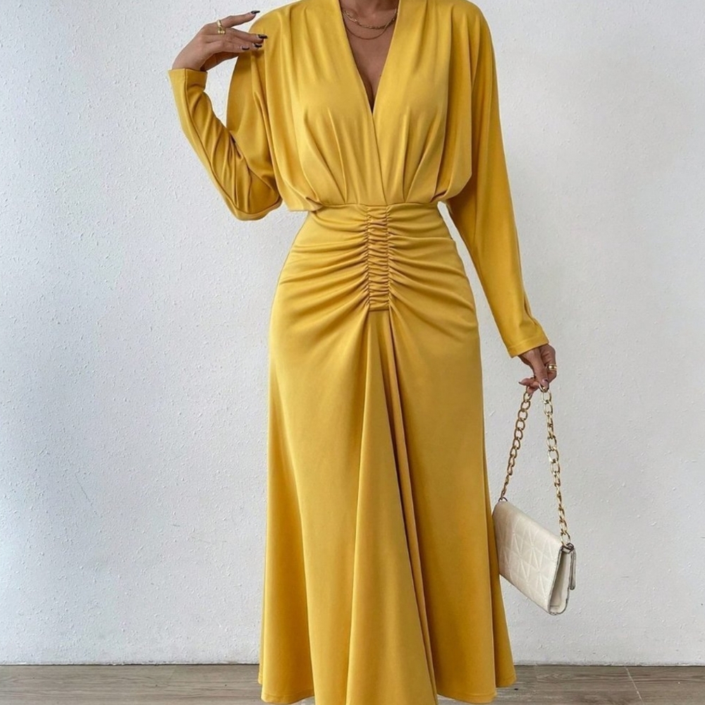 Yellow Preppy Womens Solid Ruched Front Ruched Waist A-line Dress - Picture 1 of 4